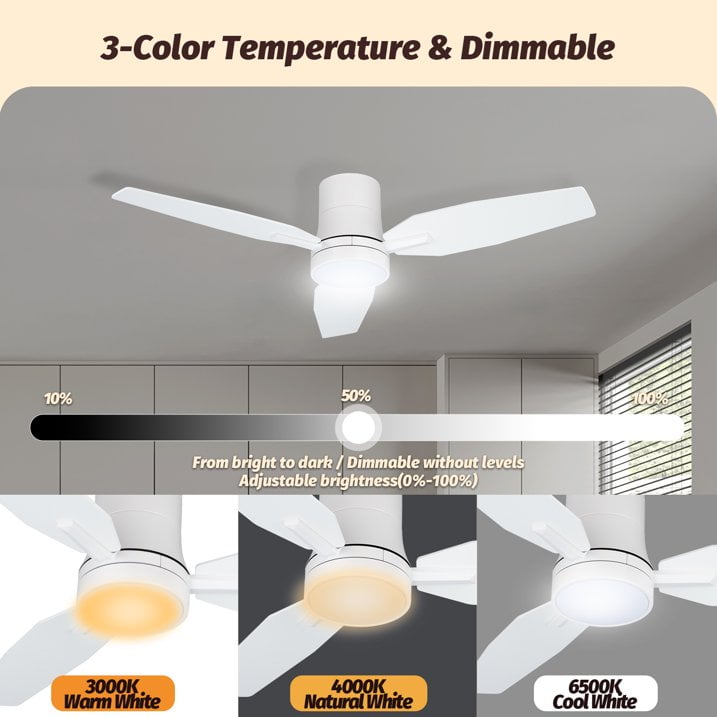 Vagizm 42 Inch Flush Mount Ceiling Fan with Light - 3 Blades Modern Ceiling Fan for Living Room and Bedroom - Quiet DC Motor - Dimmable - Reversible Function - White