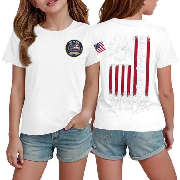 CCRFTGI 4th of July Shirts for Children Girls 10-12 We The People 250 Anniversary USA Flag Summer Patriotic Tunic Blouses 250th anniversary usa shirt Girls Fashion Tops White 11-12 Years