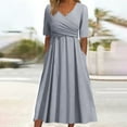 thumbnail image 2 of Dresses For Women 2024 Elegant V Neck Pleated Loose Vintage Elbow Length Mid Length Beach Vacation Sun Dress, 2 of 7