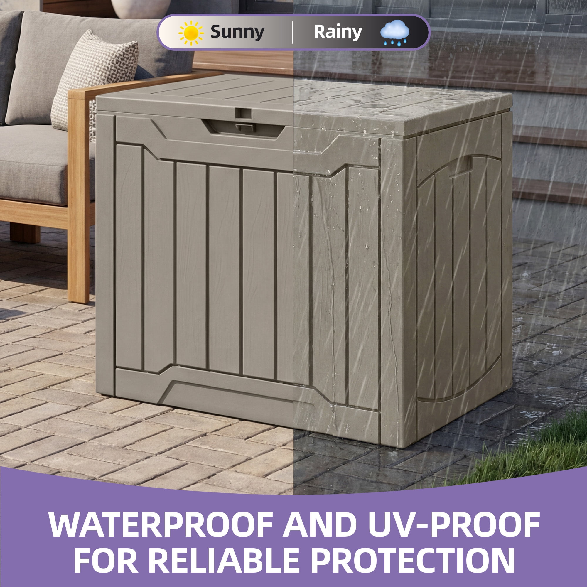 Uforic 31 Gallon Resin Outdoor Deck Box, Waterproof Lockable Storage Box, Multi-Purpose Organizer for Patio Garden Tools Pool Supplies & Package Delivery, Light Brown