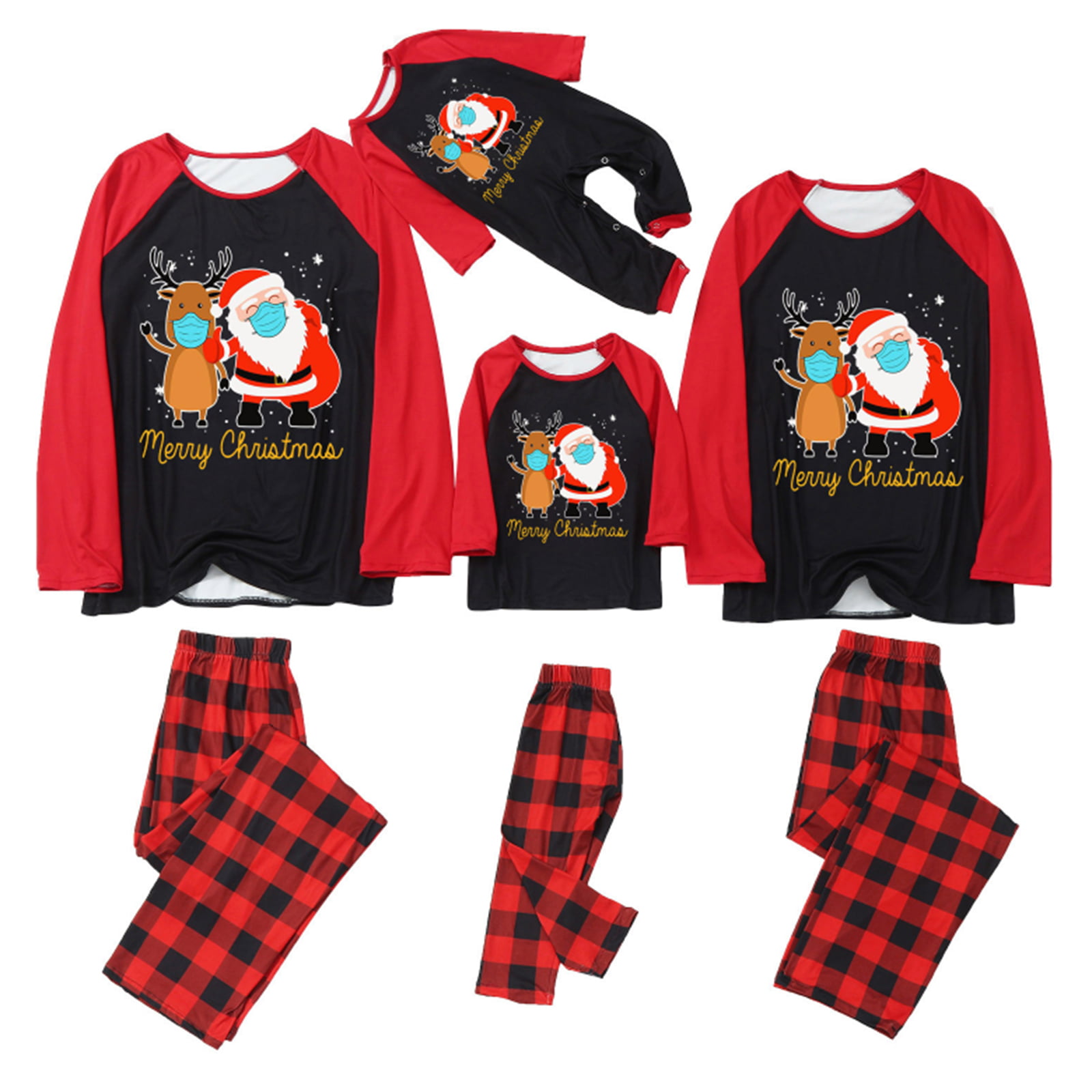 Halloween Parent-Child Clothes,Men Women Kid Long Sleeved Cartoon Print T-Shirt+Plaid Printed Pants Home Service Suit 