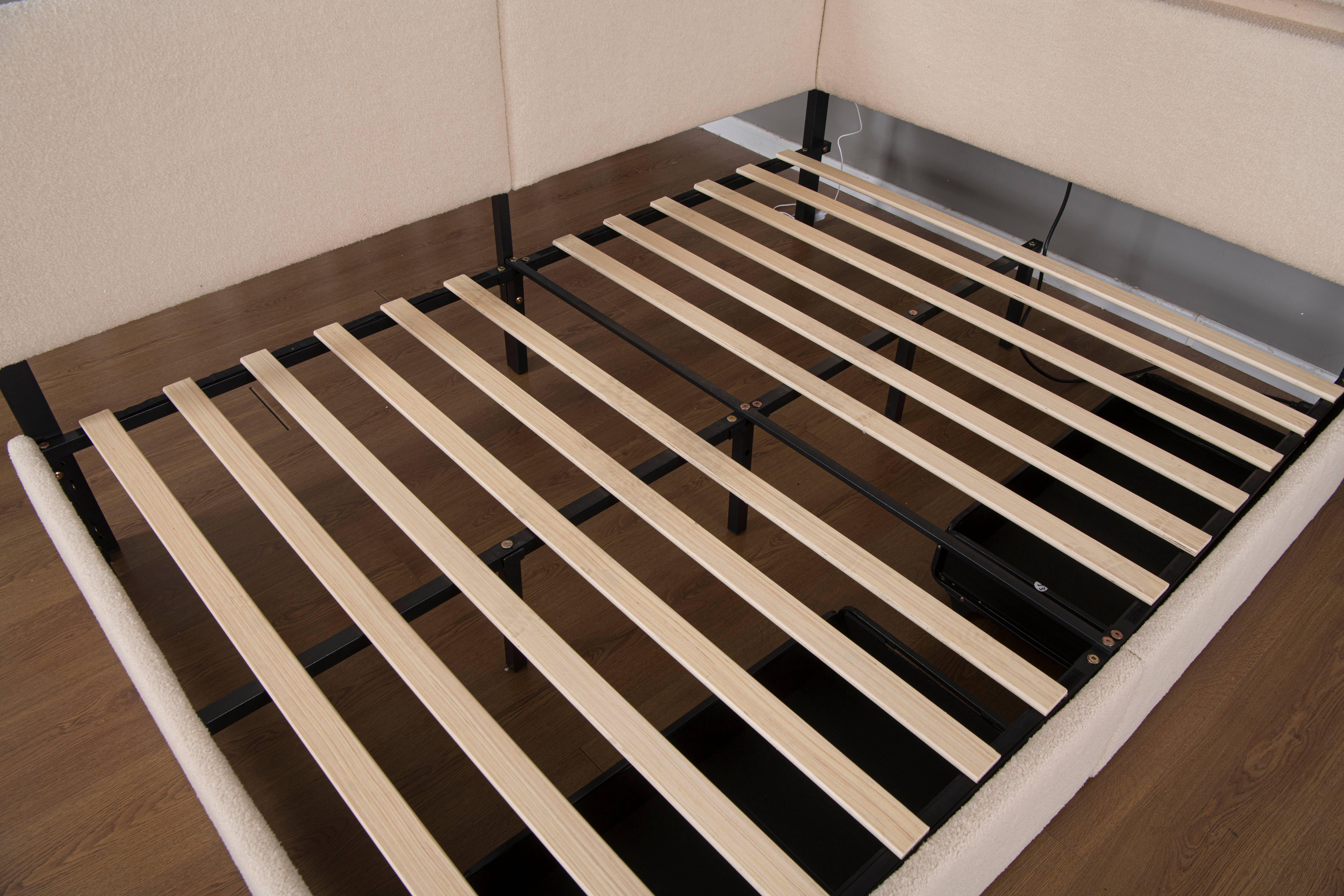 Upholstered Platform Bed Full Size, Cloud Bed Frame with USB Charging and LED Lights, Storage Drawers and Solid Wood Legs, No Box Spring Needed, Beige