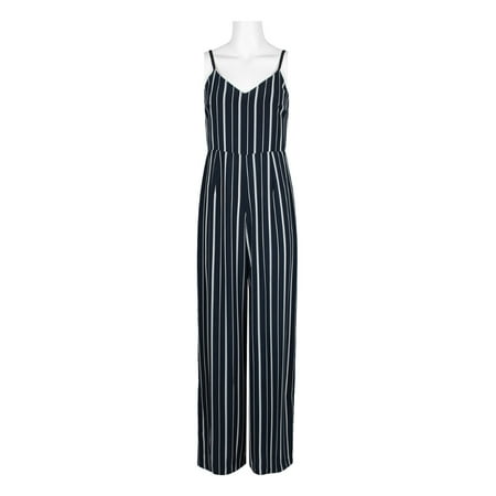 Laundry Spaghetti Strap Concealed Zipper Back Stripe Print Crepe Jumpsuit-NAVY IVORY / 2