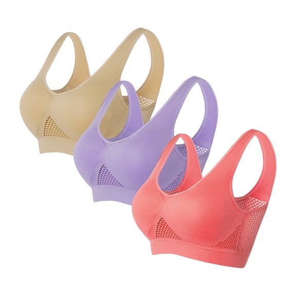Plus Size Sports Bra S-6X for Women 3 Pack Wirefree Push-Up Bralettes Ladies Solid Brethable Hollow Out Support Yoga Workout Underwear Bra
