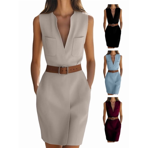 Afuyipoi Womens Sleeveless V-Neck Wrap Midi Dress With Belt And Pockets, Wrinkle-Resistant Breathable Business Casual Workwear Dress, Soft Flattering Office Summer Dress For Women Khaki Size L