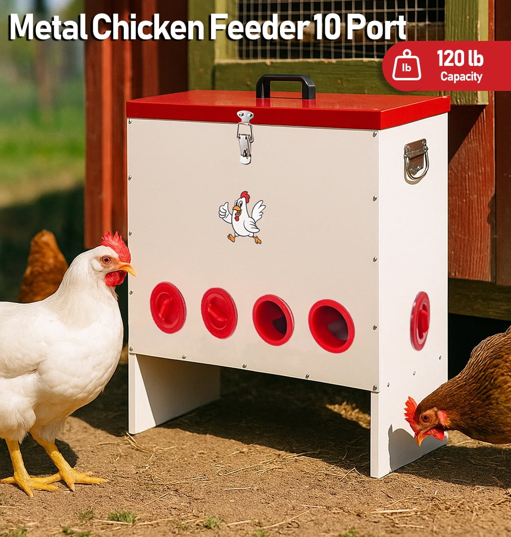 SHZOND Automatic Chicken Feeder 120 LBS, 10 Port Metal Poultry Feeder,\Weatherproof Lockable Design with 10 Feeding Ports for Automatic Poultry Feeding & Cost Saving