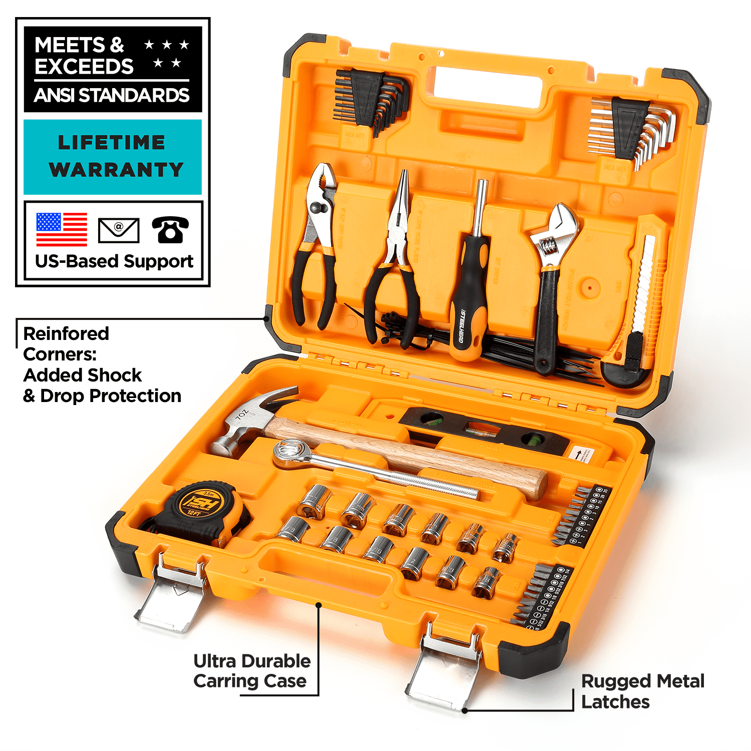 STEELHEAD 71-Piece Tool Set, 3/8” Sockets, Screwdriver Handle w/ 10 Bits, Pliers, Tape Measure, Hammer, Utility Knife, Ties, Heavy-Duty Reinforced Case, Great for Home, Office, Dorm, USA-Based Support