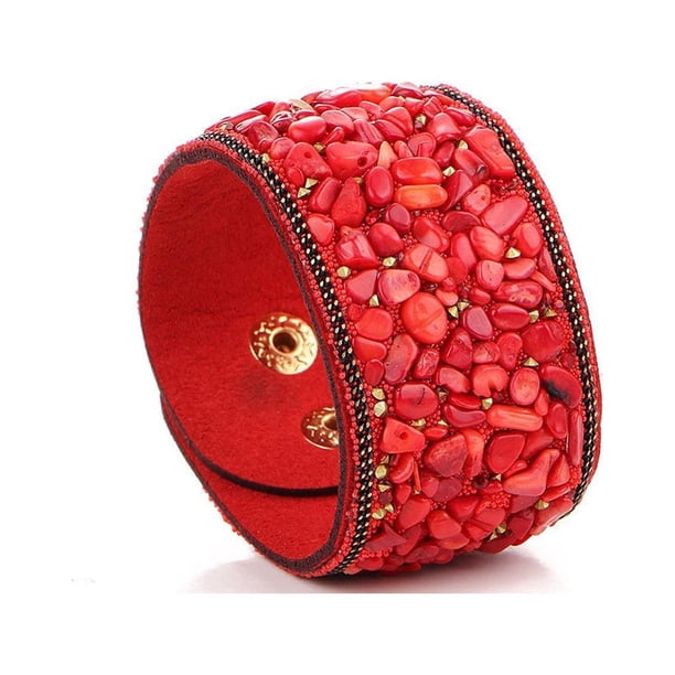 Brazalete de grava bohemio Qarigey cuero Vintage Punk piedras de cristal Rojo 19cm 4cm