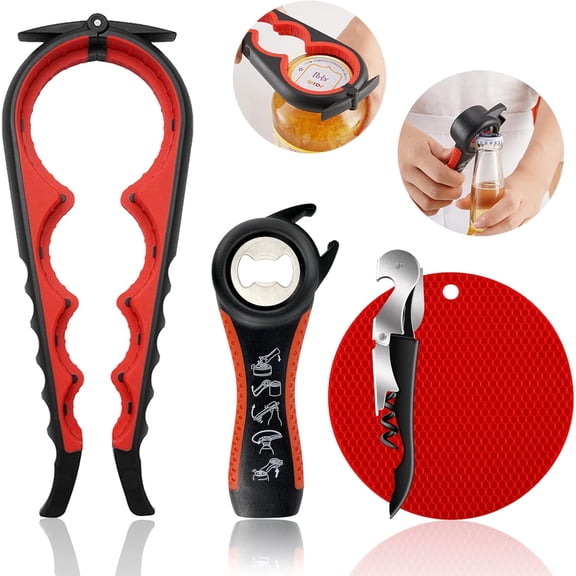 RYLZX Opener for Weak Hands, Seniors with Arthritis, 5 in 1 Multi Function Bottle Opener Lid Opener For Arthritic Hands with Non Slip Rubber Jar opener Gripper Pad(red)