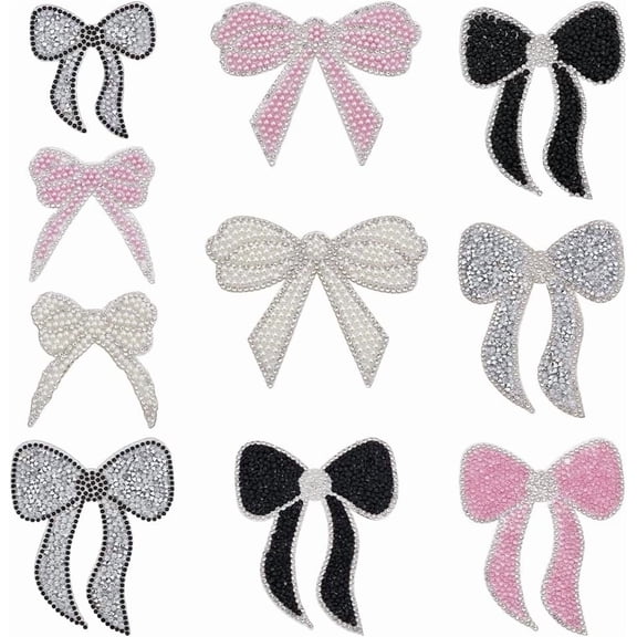 10 PCS Bowknot Rhinestone Patch 10 Style Iron on/Sew On Shape Applique Patches Polyester Tie Glass Rhinestone Embellishment for DIY Crafts Clothes Dress Costume Decoration