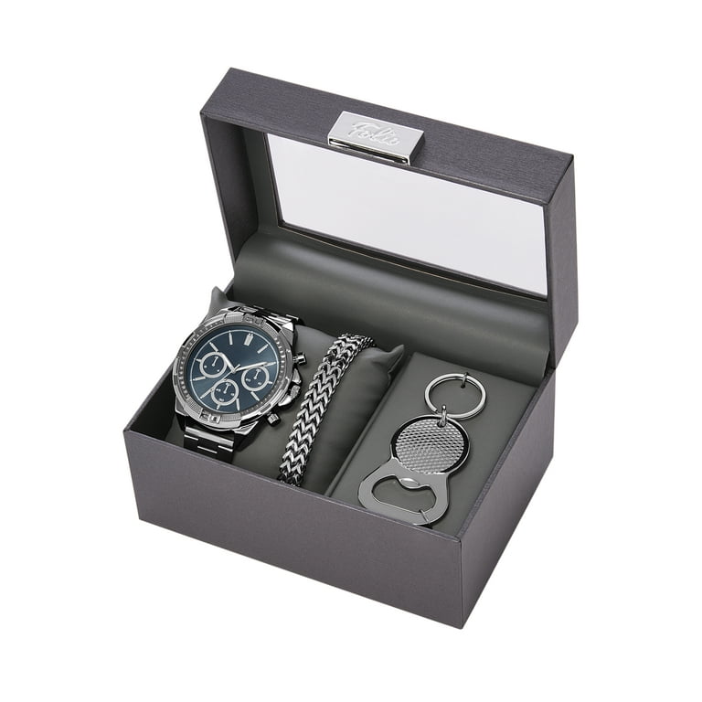 Folio Men s Gift Set Silver Tone Bracelet Watch Blue Sunray Dial with Silver Tone Fashion Bracelet and Keyring Bottle Opener FMDAL1181 Walmart