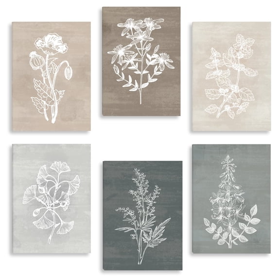 HPNIUB Neutral Botanical Canvas Wall Art Rustic Farmhouse Flowers Plants Painting Set of 6 for Living Room Bedroom Bathroom 12x16 Inch