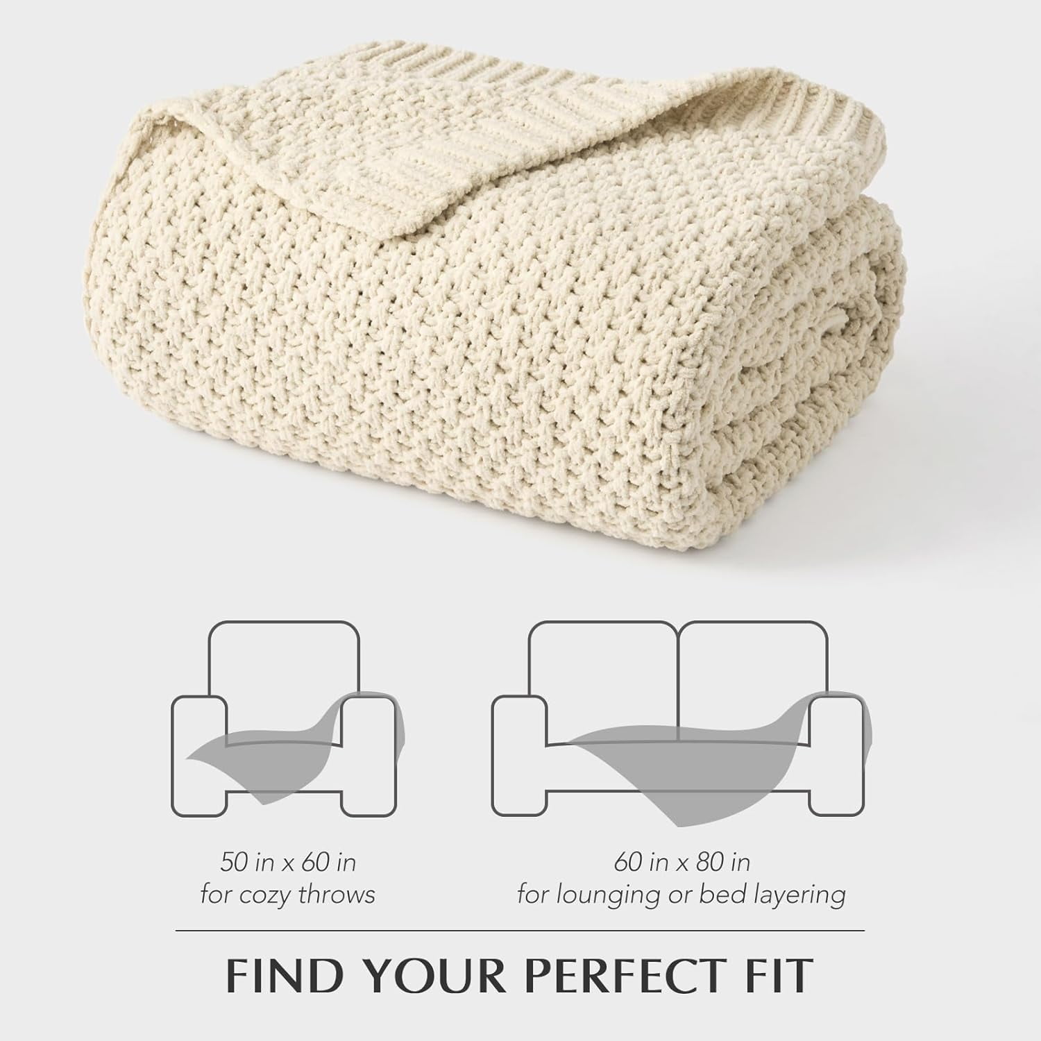 EVERGRACE Chunky Chenille Knit Throw Blanket for Couch, Soft Luxurious Moss Stitch Blankets for Bed, Cozy Decorative Farmhouse Knitted Throws for Sofa, Beige, 50" x 60"