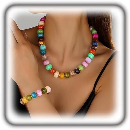 Boho Large Colorful Acrylic Beaded Necklace Bracelet Set for Women, Y2k Vintage Trendy Adjustable Geometric Chunky Statement Jewelry Vacation Party Gifts