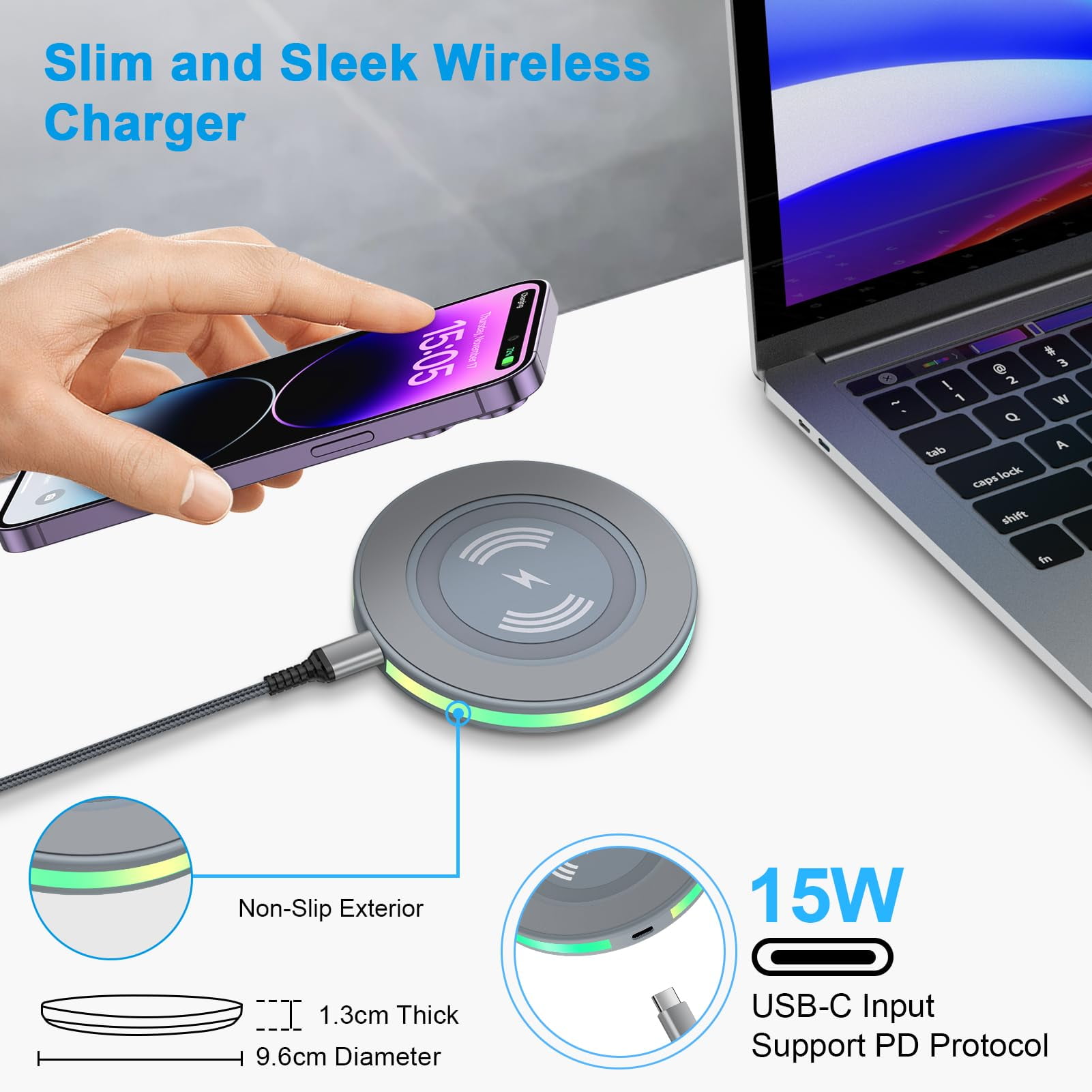 ABCPOW 2PACK 15W Fast Wireless Charger Samsung Android Fast Charging Pad Wireless Charger Mat Wireless Charger Station Compatible for iPhone 17 16 15 14 Samsung Galaxy S24 S23 S22 S21