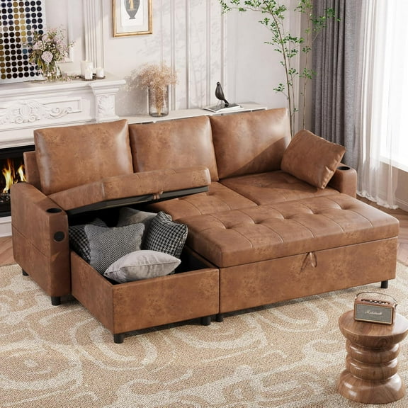 AECOJOY Sofa Bed, 3 in 1 Sleeper Sofa with Storage Chair, Faux Leather L Shape Couch, Sectional Pull Out Sofa Bed Mid Century Modern Couch for Living Room Clearance, Comfy Sleeper Couch in Brown