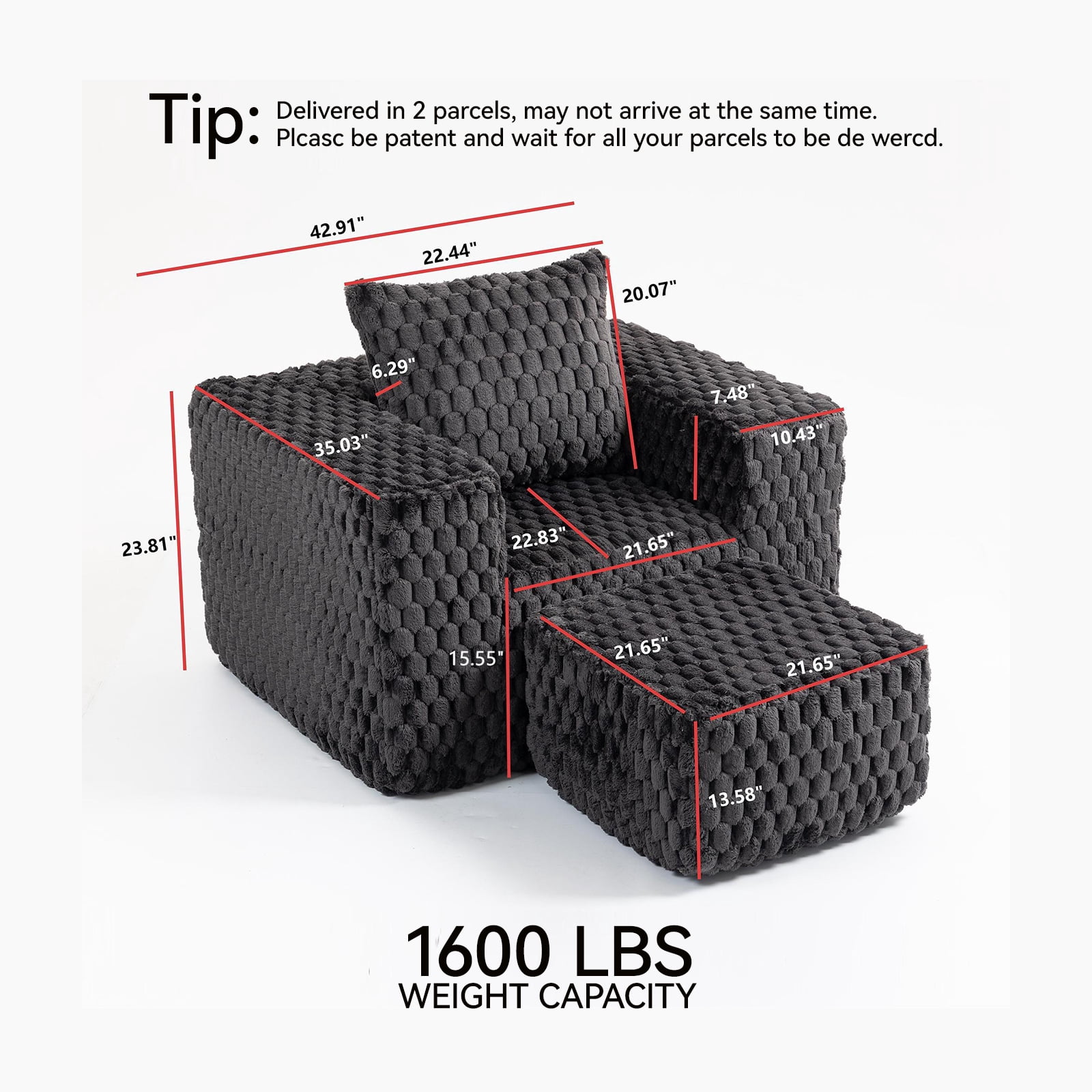 Lounge Sofa, Single Sofa, Boneless Chair with Ottoman and High Backrest, High-Density Foam Filled, No Assembly Required for Living Room, Compact Spaces, 43 Inch Wide, Black