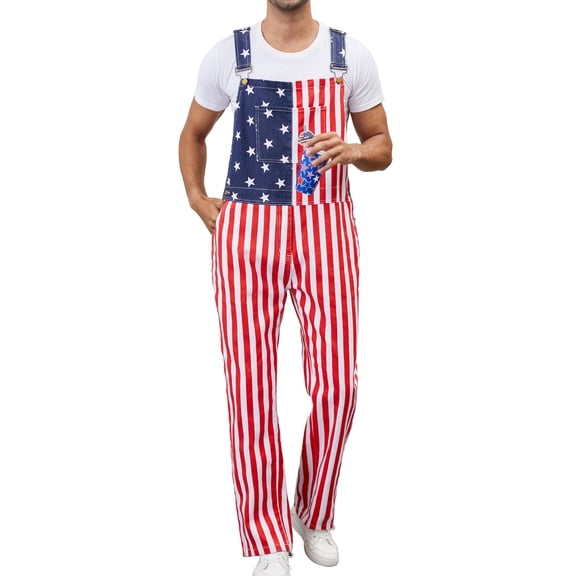 Festival Overalls Men Adjustable Straps Jumpsuits Bibs Coveralls(American Flag,L)