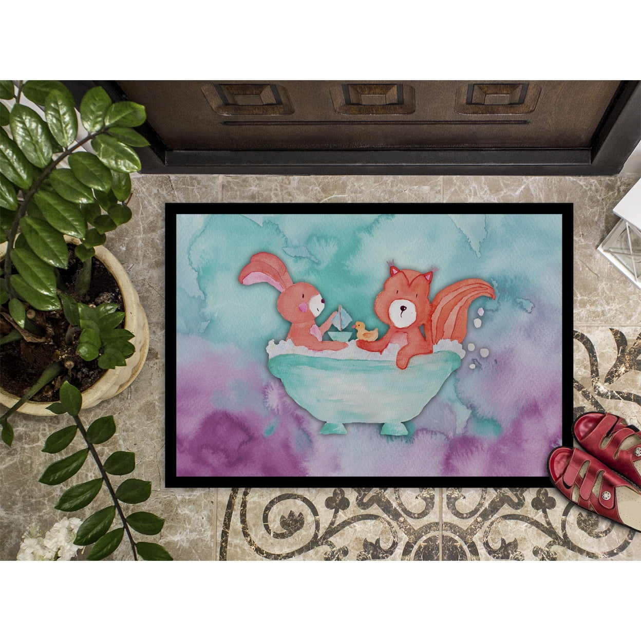 Rabbit and Squirrel Bathing Watercolor Door Mat