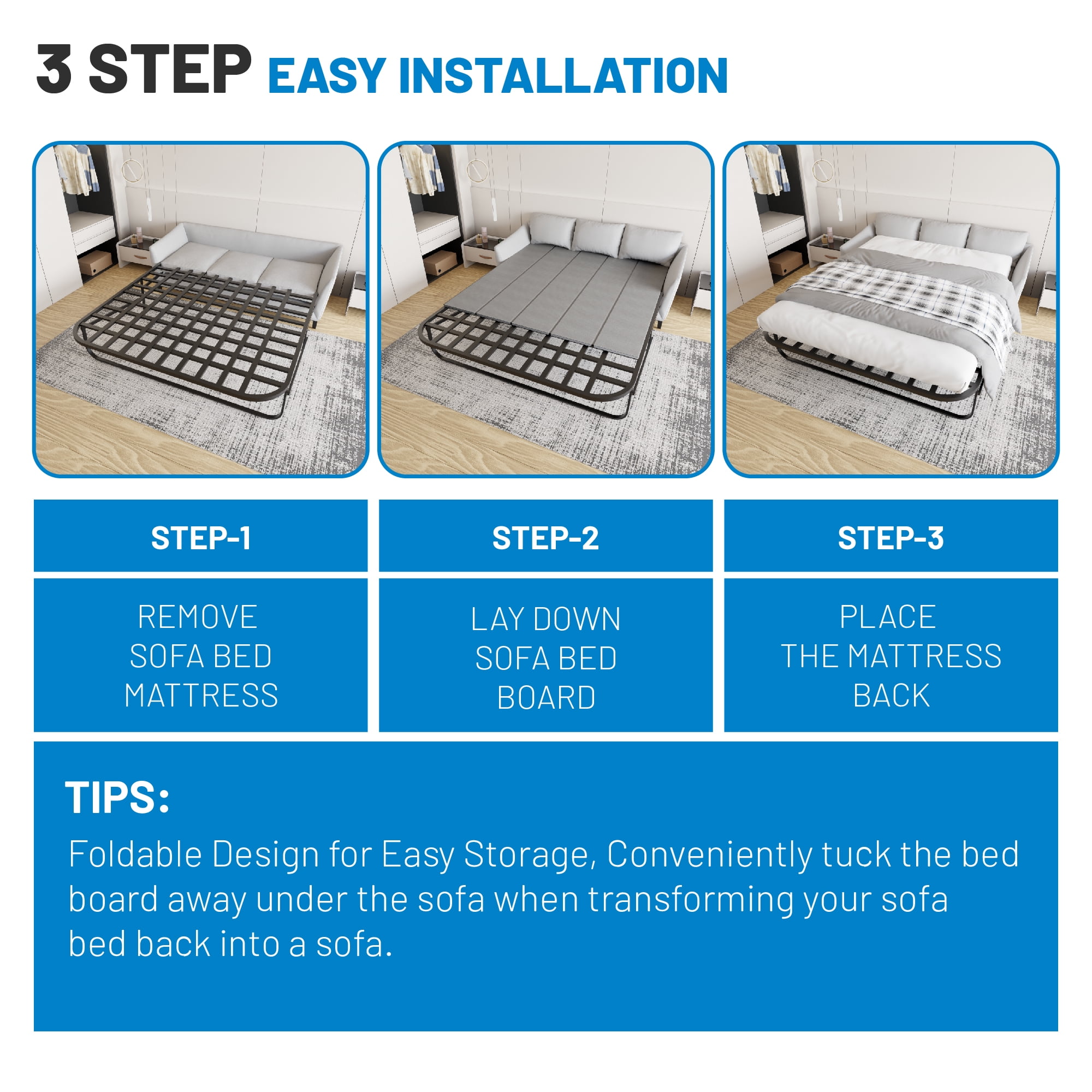 Continental Sleep, Heavy Duty Sleeper Sofa Bed Support Board, 48" x 35.5" Wood Base to Fix Sagging Mattresses, Reinforced Under Cushion Panel, Pull Out Couch Mattress Boards, Easy Installation