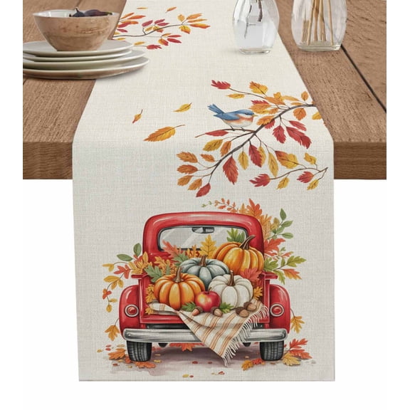 Thanksgiving Truck Table Runner 48 Inches, Fall Pumpkins Autumn Leaves Vintage Bed Runner Dresser Scarves Tabletop for Indoor Outdoor Parties/Ceremony/Banquet, 13" x 48"