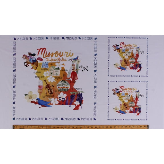 24" X 44" Panel Missouri State Symbols Emblems Icons Flowers White Hawthorn Blossoms Bluebirds Watercolor Look Cotton Fabric Panel (51662P-X)