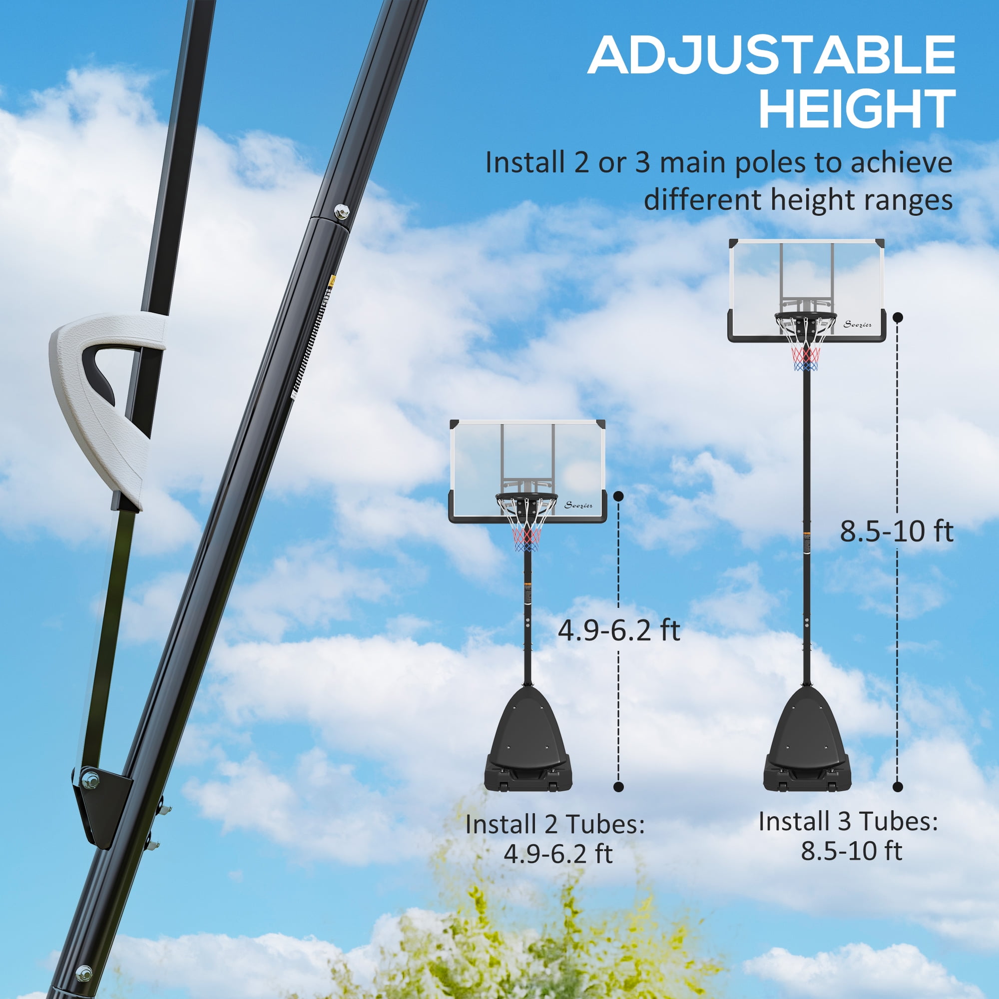 Soozier 4.9-10' Basketball Hoop with 44" Shatterproof Backboard, Rebound System, Wheels and Fillable Base
