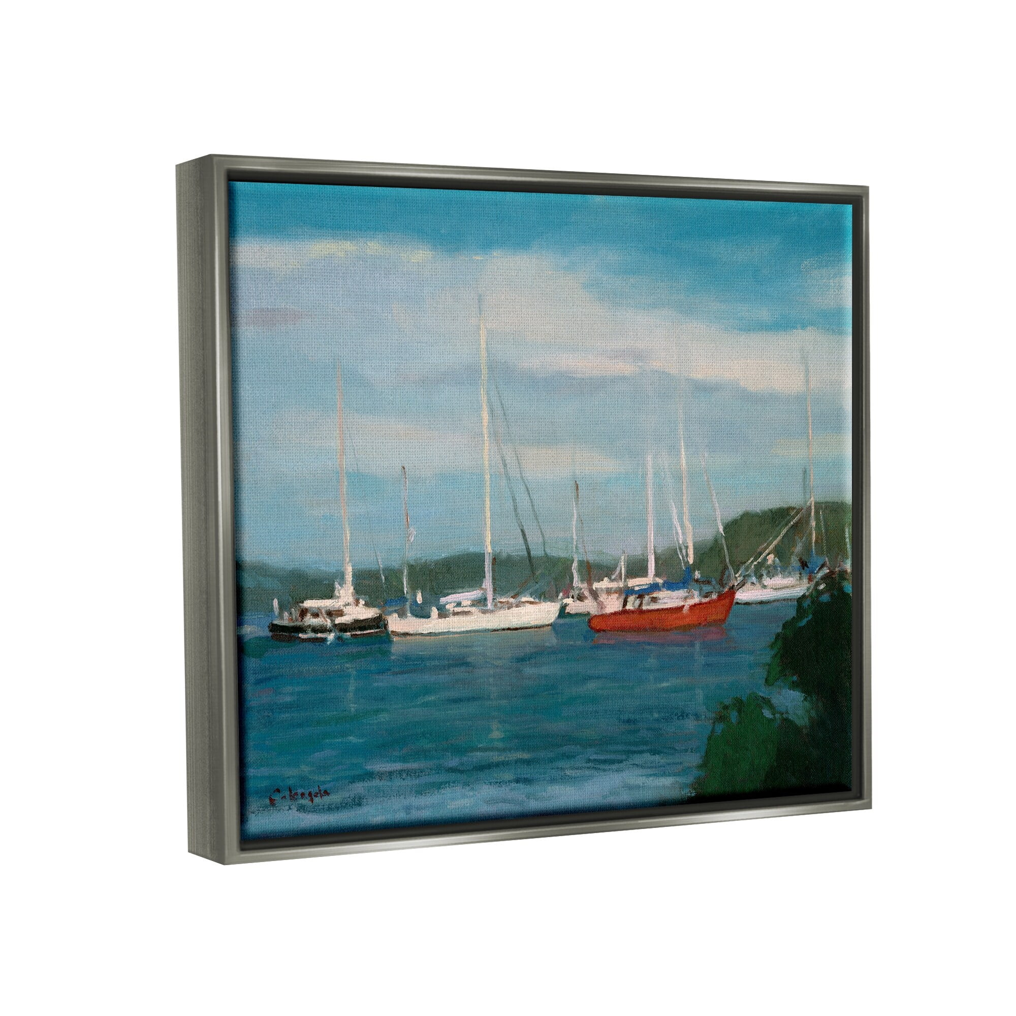 Stupell Industries Sailboat Fleet Afloat Ocean Water Distant Hills Painting Luster Gray Floating Framed Canvas Print Wall Art, Design by Stephen Calcasola