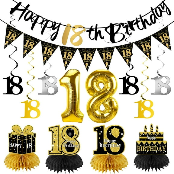 13PCS 18th Birthday Decorations for Men Women, Black Gold Happy 18 Birthday Banner Centerpieces Swirls Balloons Kit Party Supplies, Eighteen Years Old Bday Ceiling Table Topper Decor