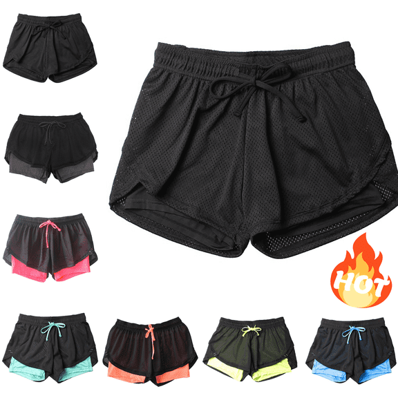 Mifsaly Womens Athletic Shorts with Liner 2-in-1 Drawstring Waist Mesh Running Shorts Quick-Dry Gym Yoga Training Outdoor Workout Clothes Black,L