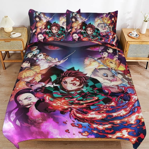 Demon Slayer 3 Pieces Bedding Set 3D Printed Lightweight Bed Quilt Set Comforter Cover Set for Girls Kids Teens, 1 Quilt Cover 2 Pillowcases 86"x70"
