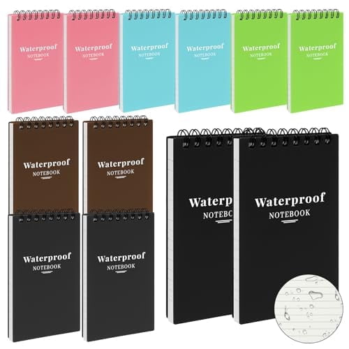 Waterproof 3x5 Inch Top Spiral Pocket Notebooks 12 Pack College Ruled for Home, Office, Work & Travel