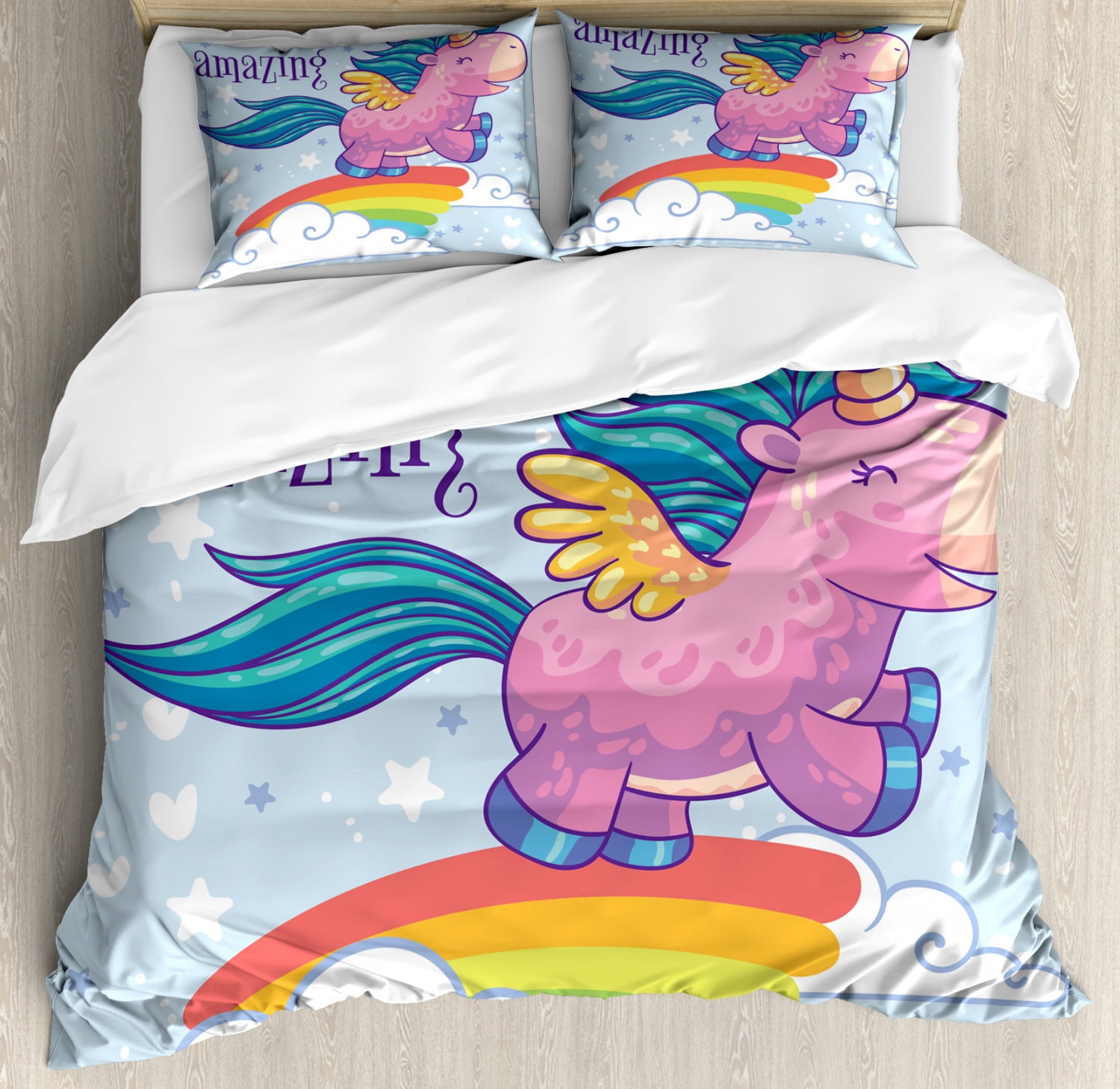 Unicorn Party Queen Size Duvet Cover Set, Small Pony Riding a Rainbow