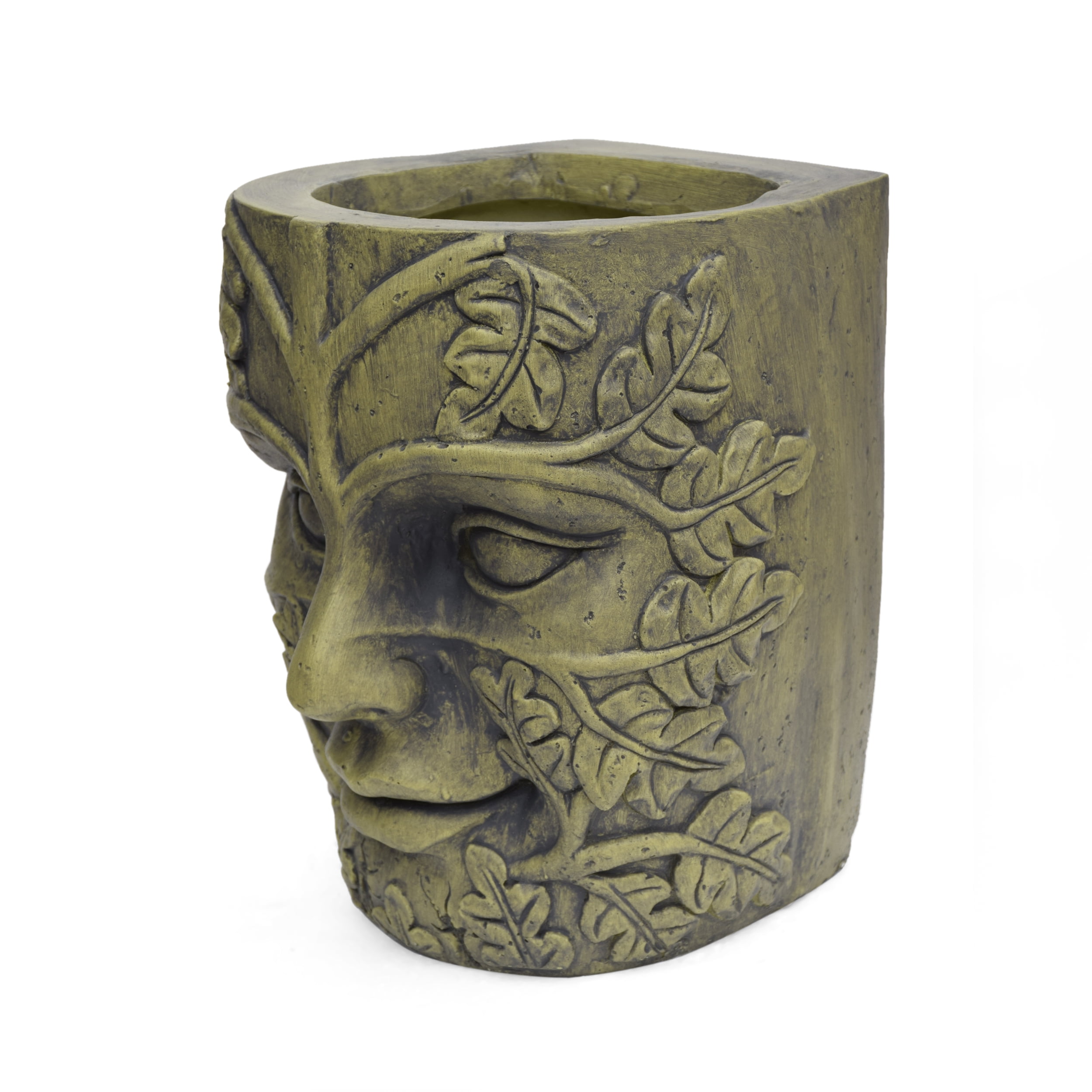 Lucian Outdoor Stone Mother Earth Urn, Antique Green