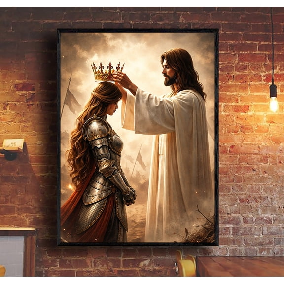 Jesus Crowning Warrior Woman Canvas Wall Art, Christian Faith Print, Spiritual Strength Religious Home Decor