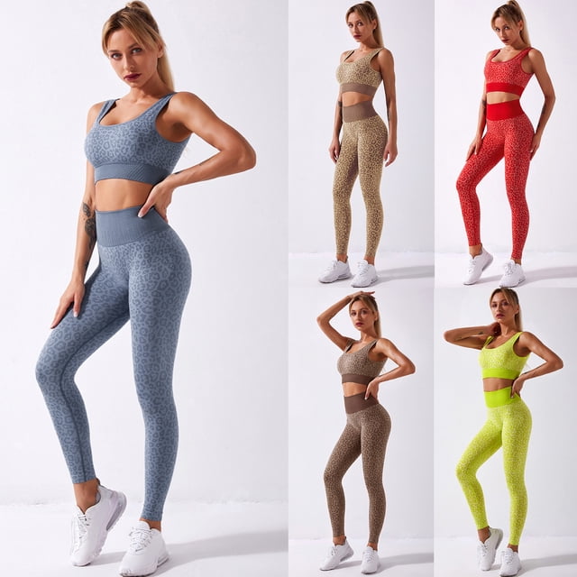 TFixol 2 uds. Sujetador con estampado de leopardo para mujer, mallas de cintura alta, Fitness sin costuras