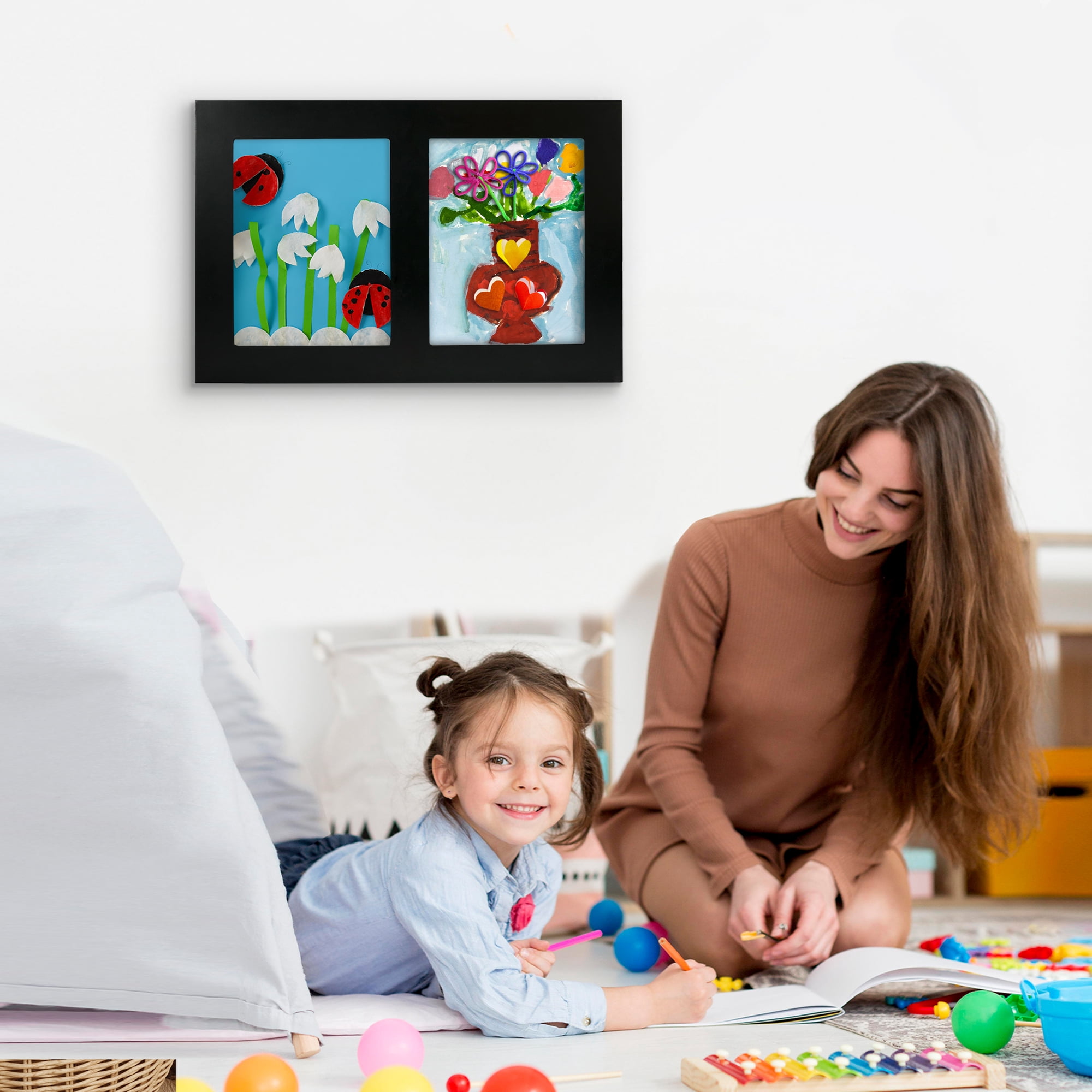 Americanflat 8.5x11 Kids Art Frame Holds Holds 25 Artworks Slide Artworks per Slot Two Openings Storage - Black