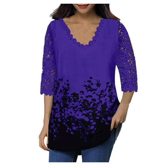 LEAVINGSUO 2023 Fall Womens Tops Plus Clearance Women's Lace 3/4 Sleeve V Neck T Shirt Ladies Floral Blouse Tunic Tops Plus Size