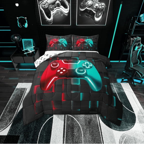Erosebridal Video Game Comforter Sets Twin Size, Neon Red Cyan Gamepad Comforters & Duvets, Contemporary Buffalo Room Decoration, Reversible 2pcs