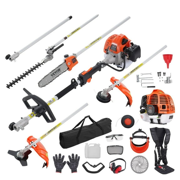 52CC 6-in-1 Multi-Functional Gas Trimming Tool with Hedge Trimmer, Weed Eater, String Trimmer, Brush Cutter, Pole Saw, Chainsaw Pruner, Adjustable Head and Extension Pole for Garden and Yard