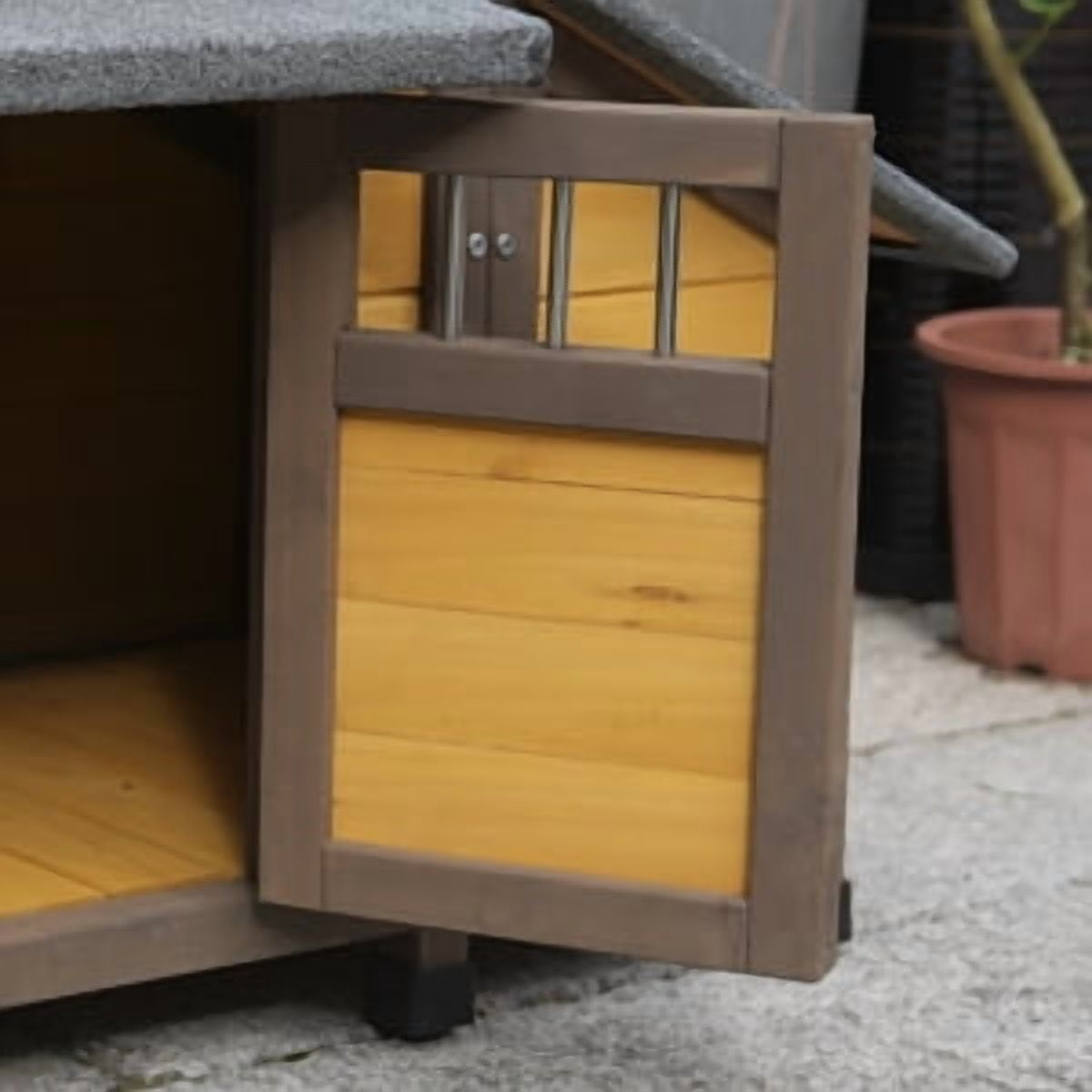 45 Inch Solid Wood Dog House, Cozy Outdoor Shelter for Medium & Small Dogs with Lockable Ventilated Door, Waterproof Insulated Felt Roof & Charming Design