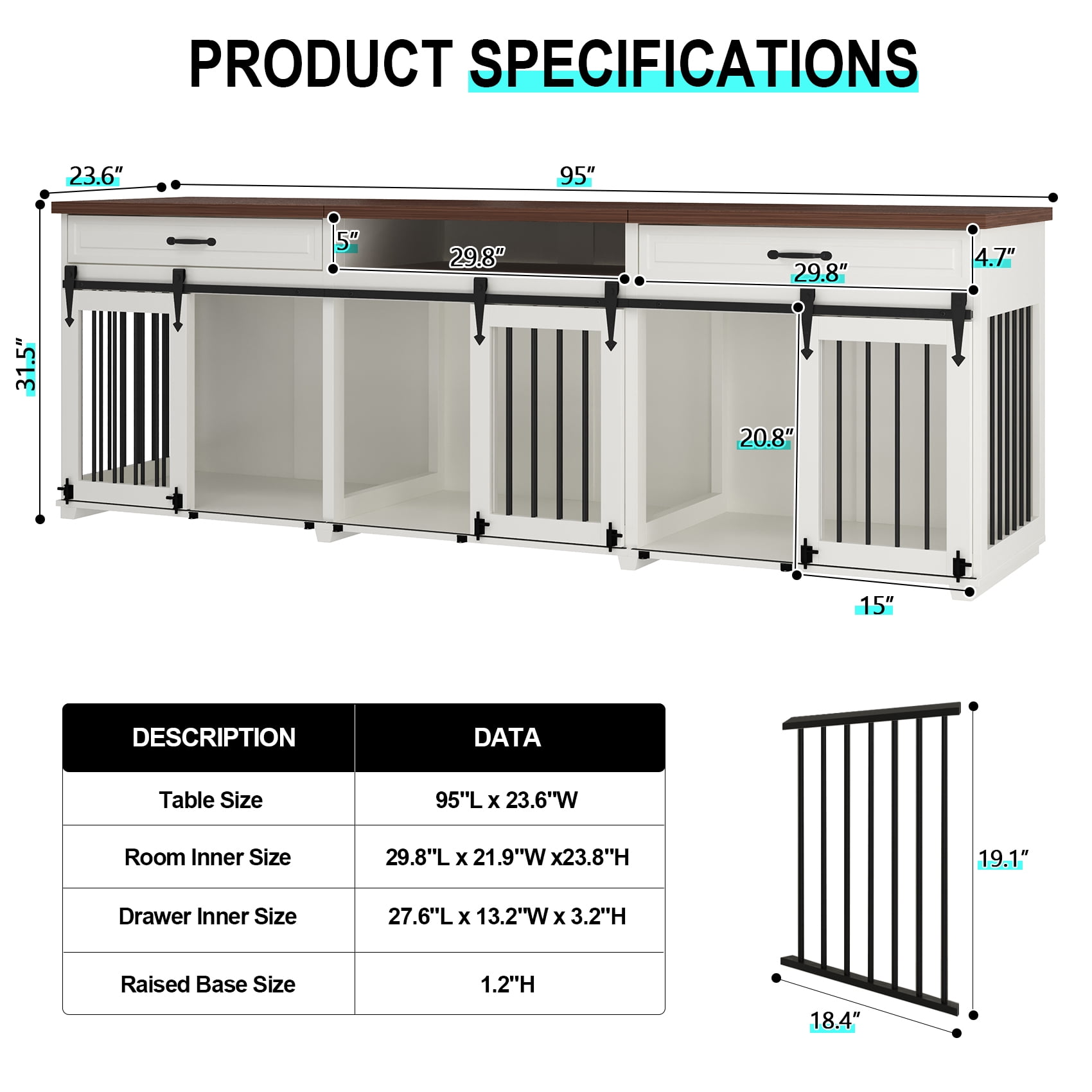Dog Crate Furniture - Indoor Wooden Farmhouse Large Dog Kennel Fureniture for 3 Dogs, with Sliding Barn Doors, 2 Drawers & 1 Shelf, 95" Lx23.6 Wx31.5 H, White
