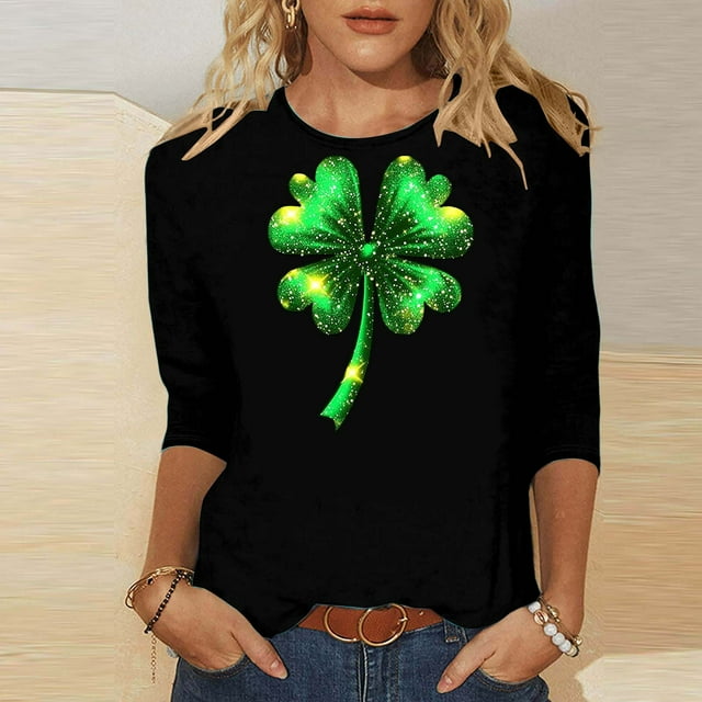 Elvqul Shirts Chemises pour Femmes T - Graphiques Stylés Manches 3/4 Chandail de Fête de la Saint-Patrick Col Rond Hauts pour Dames Vert