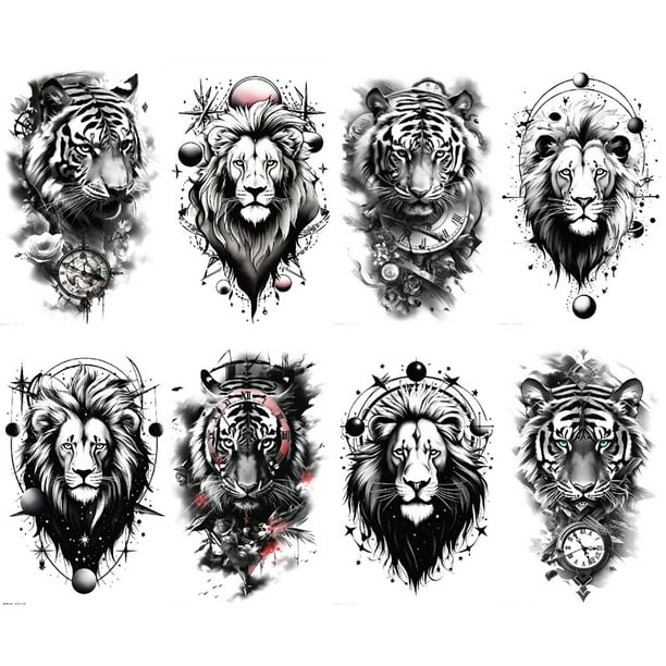 Tatuajes realistas Hugtrwg pegatinas Arte temporal 8 Piezas brazo Animal León Tigre Patrones Exóticos