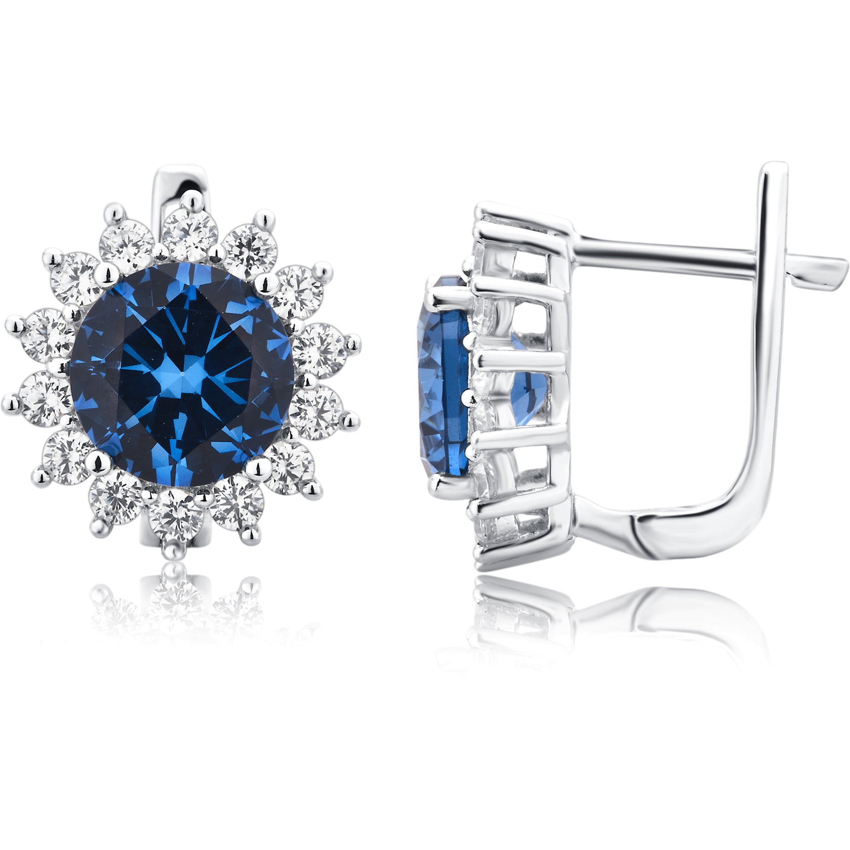 Created Blue Sapphire And Cubic Zirconia Halo Frame Stud Earring