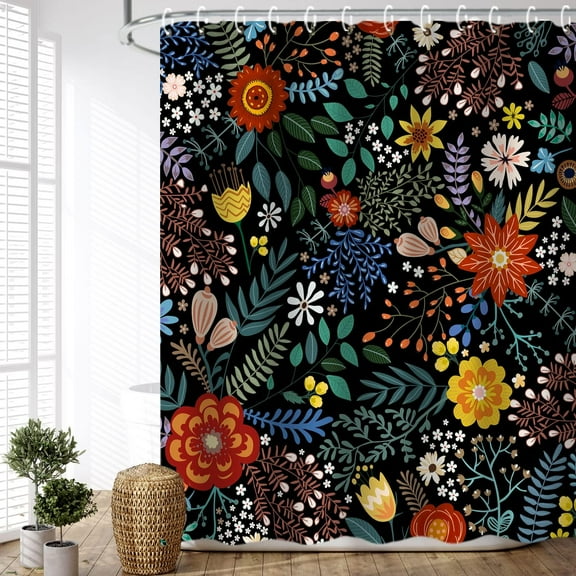 Black Floral Shower Curtain for Bathroom Flower Shower Curtain Dark Shower Curtains Colorful Unique Boho Shower Curtain Set with 12 Hooks, 72W x72 H
