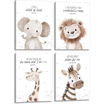 4Pcs Nursery Bible Verse Animal Canvas Wall Art Funny Cute Safari Animals Christian Painting Picture Wall Decor Lions Elephant Giraffe Zebra Poster Print Artwork for Boys and Girls