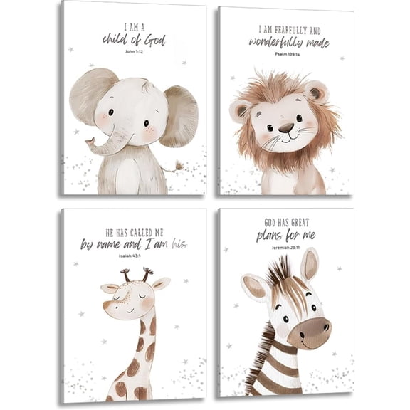 4Pcs Nursery Bible Verse Animal Canvas Wall Art Funny Cute Safari Animals Christian Painting Picture Wall Decor Lions Elephant Giraffe Zebra Poster Print Artwork for Boys and Girls