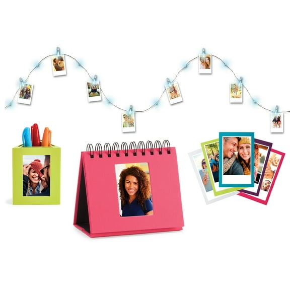 Fujifilm Instax Your Space Accessory Set for Instax Prints (Pink Photo Flip Album, Lime Green Tri-sided Organizer, Pack of 5 Colored Magnetic Photo Frames, 1 set of Photo Clip Lights)