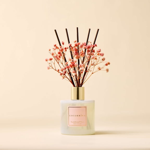 COCORRÍNA Sandalwood Rose Reed Diffuser Set with Dried Flowers, 6.7 fl oz Glass Bottle, Long Lasting Decor Scent for Bedroom, Bathroom & Indoor Spaces